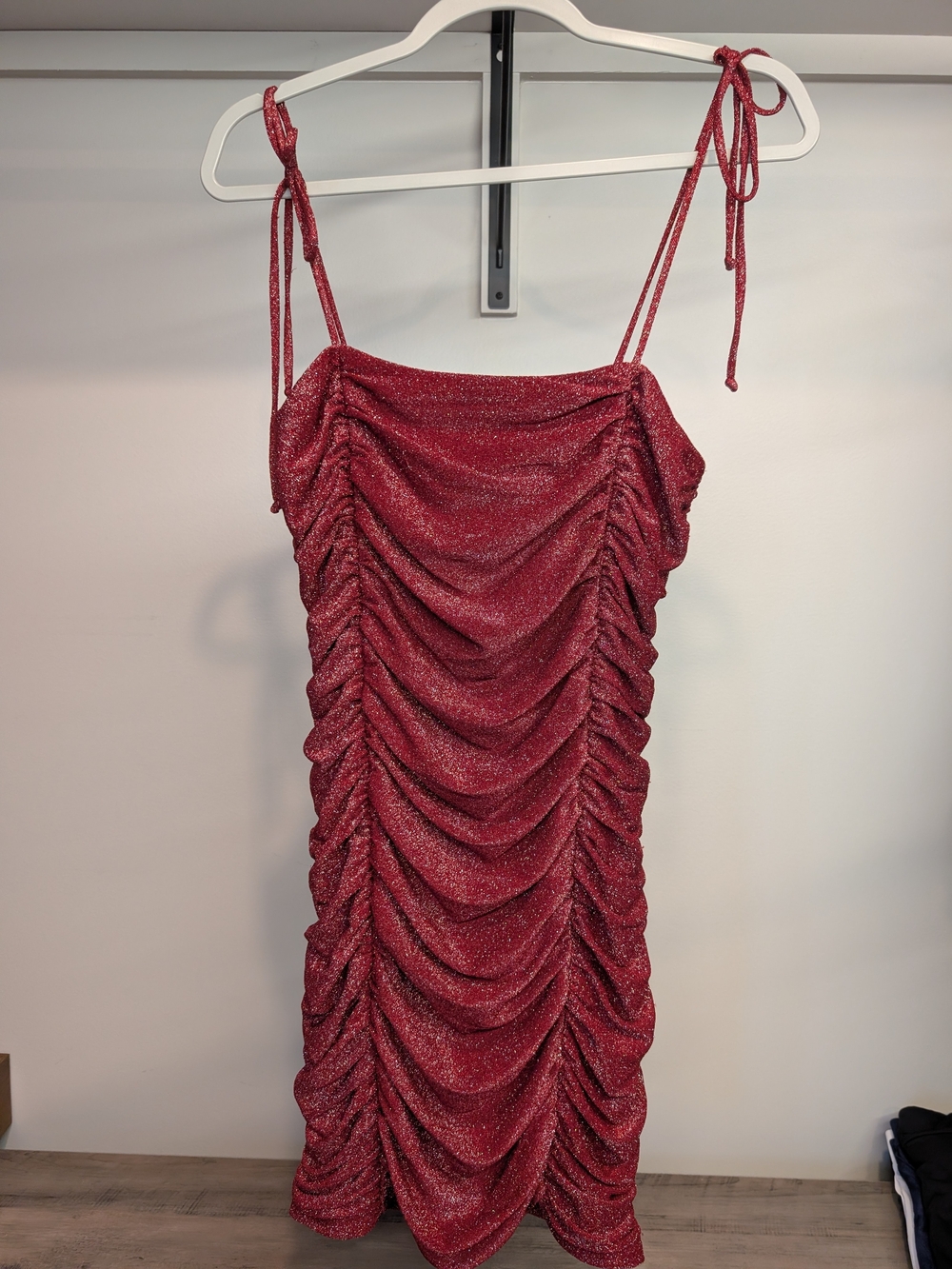 Jump Apparel Red Ruched Sparkle Mini Dress